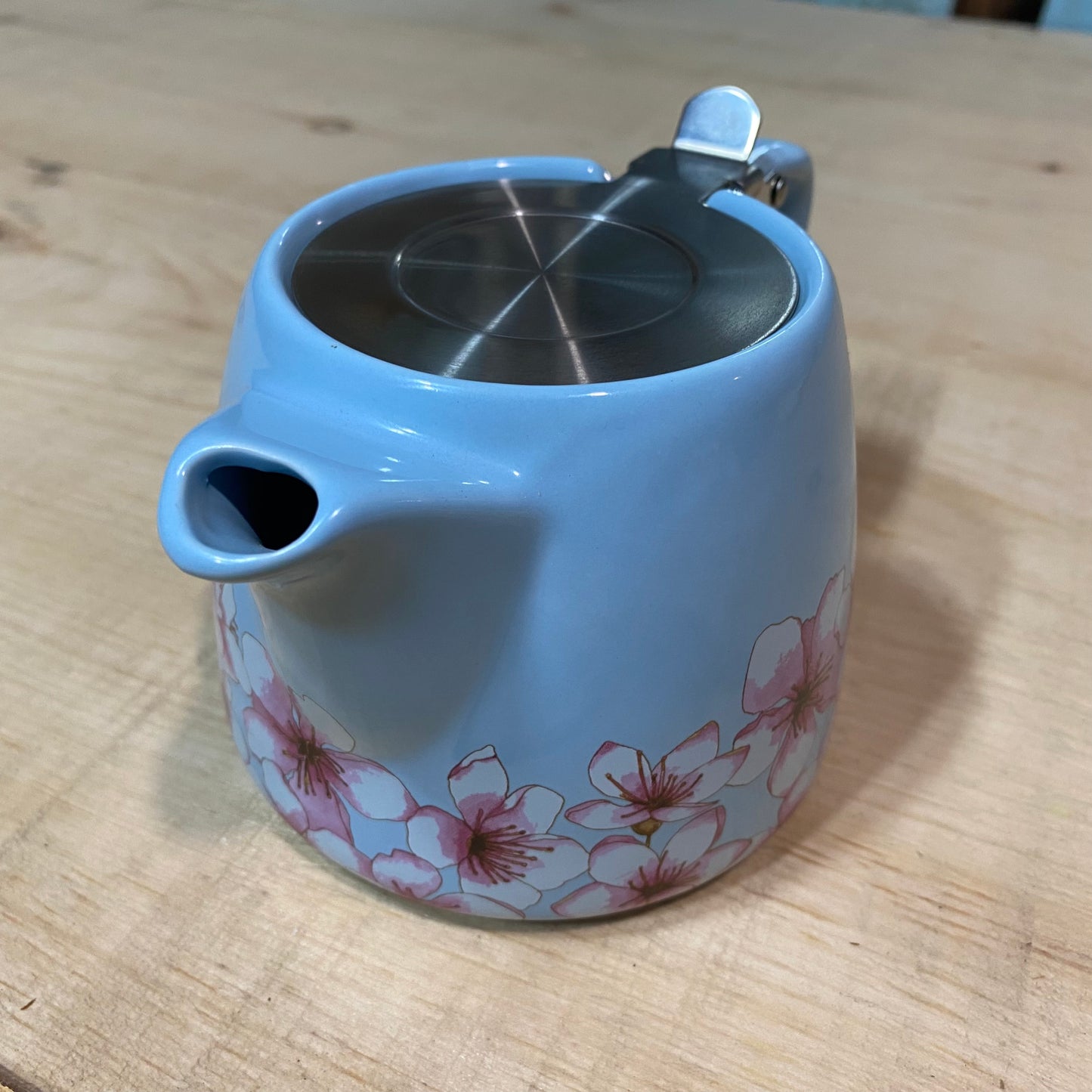 Small Blue Teapot with Pink & White Flowers - Includes Steeping Strainer Basket