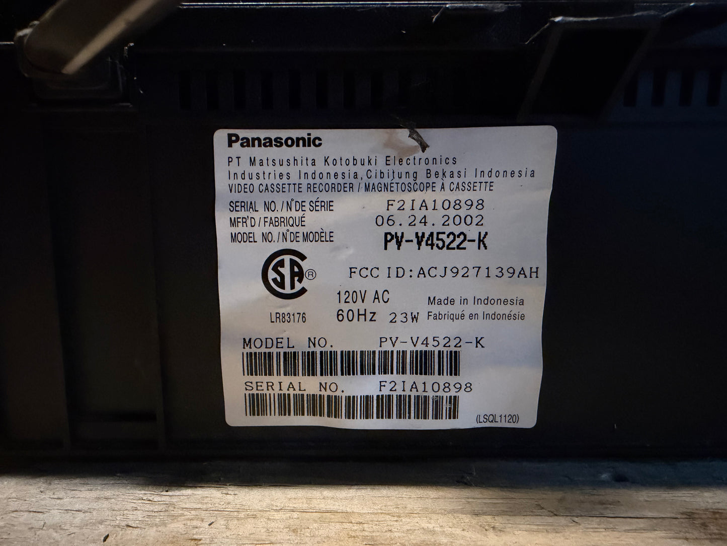 Panasonic PV-V4522 4-Head Hi-Fi VCR (Not Tested)