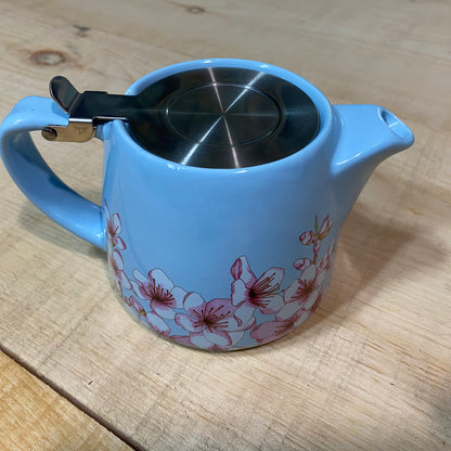 Small Blue Teapot with Pink & White Flowers - Includes Steeping Strainer Basket