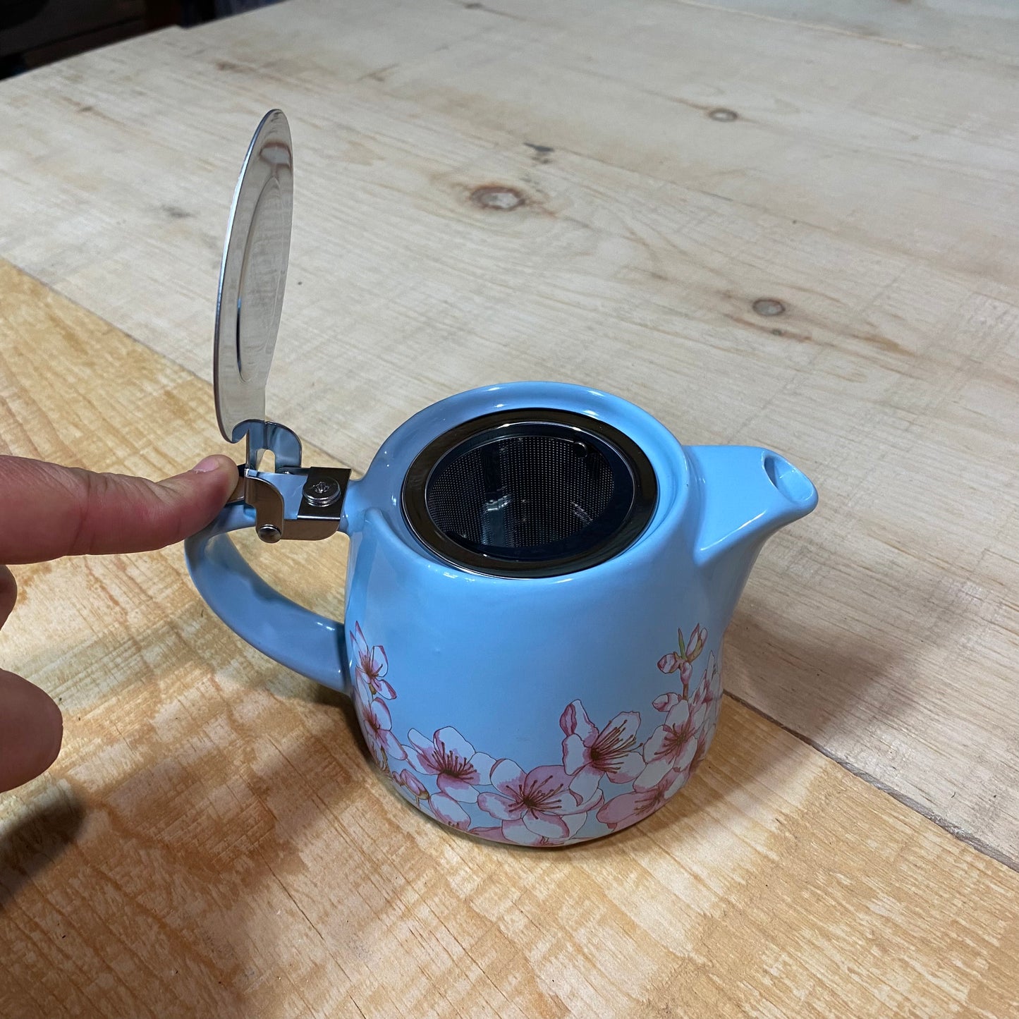 Small Blue Teapot with Pink & White Flowers - Includes Steeping Strainer Basket