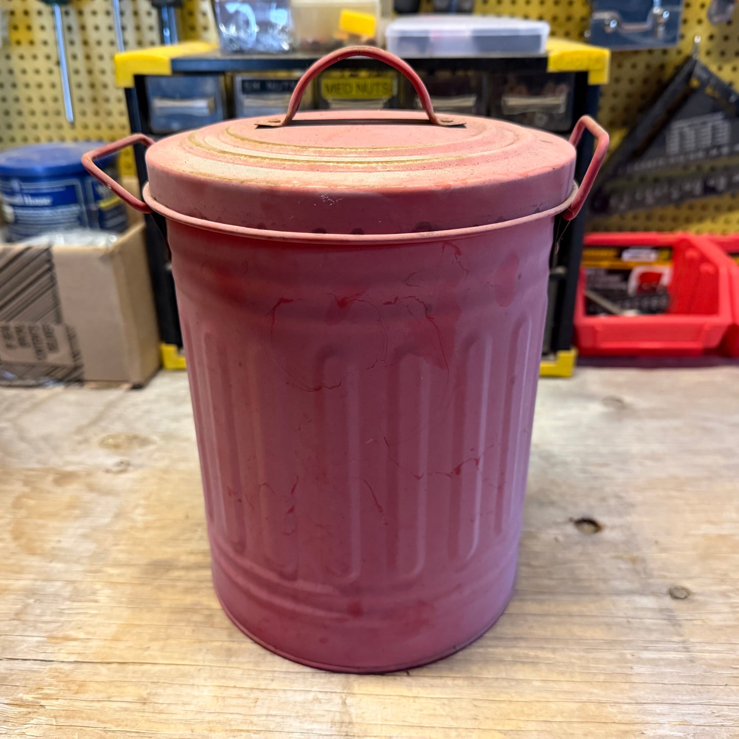 Red Tin Can with Lid and Chalkboard Backing