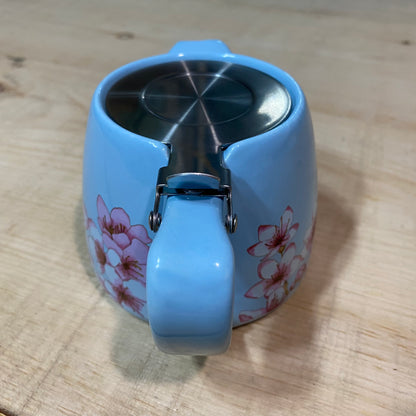 Small Blue Teapot with Pink & White Flowers - Includes Steeping Strainer Basket