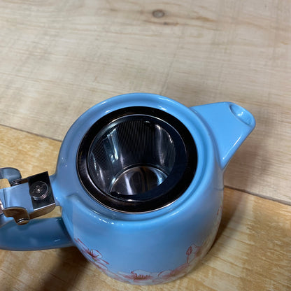 Small Blue Teapot with Pink & White Flowers - Includes Steeping Strainer Basket