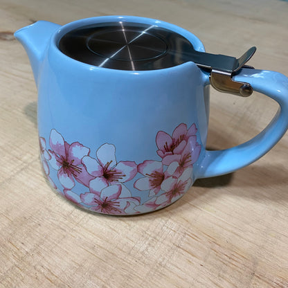 Small Blue Teapot with Pink & White Flowers - Includes Steeping Strainer Basket