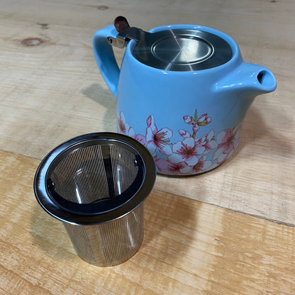 Small Blue Teapot with Pink & White Flowers - Includes Steeping Strainer Basket