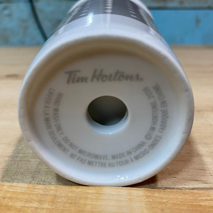 Tim Horton's Collectible Ceramic Tumbler Mug with Lid 2016 Polka Dot in White / Gray