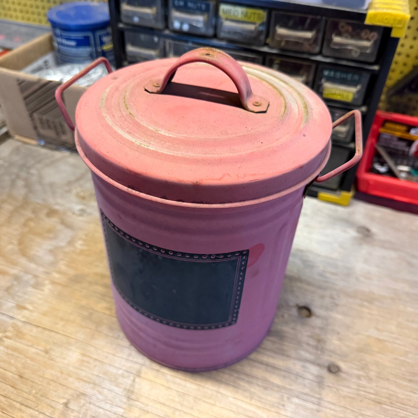 Red Tin Can with Lid and Chalkboard Backing