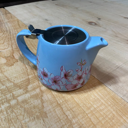 Small Blue Teapot with Pink & White Flowers - Includes Steeping Strainer Basket