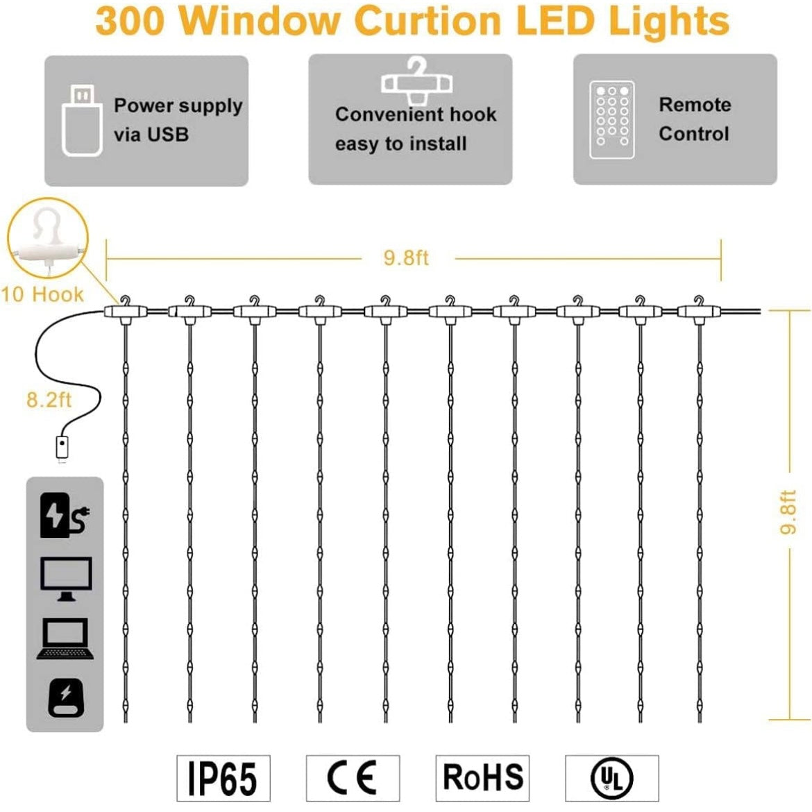 Curtain Fairy String Lights Indoor / Outdoor LEDs and Remote (9’ x 9’)