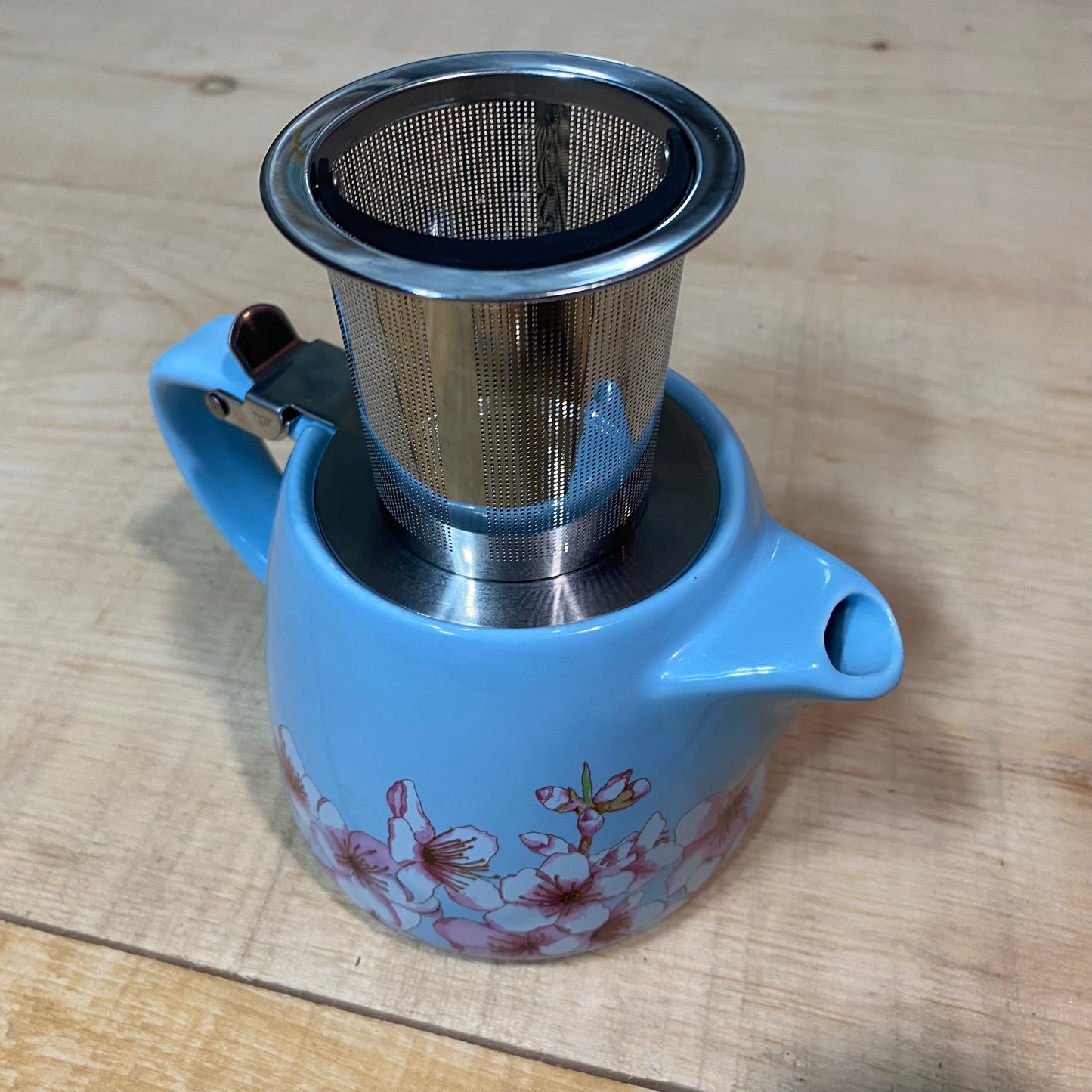 Small Blue Teapot with Pink & White Flowers - Includes Steeping Strainer Basket